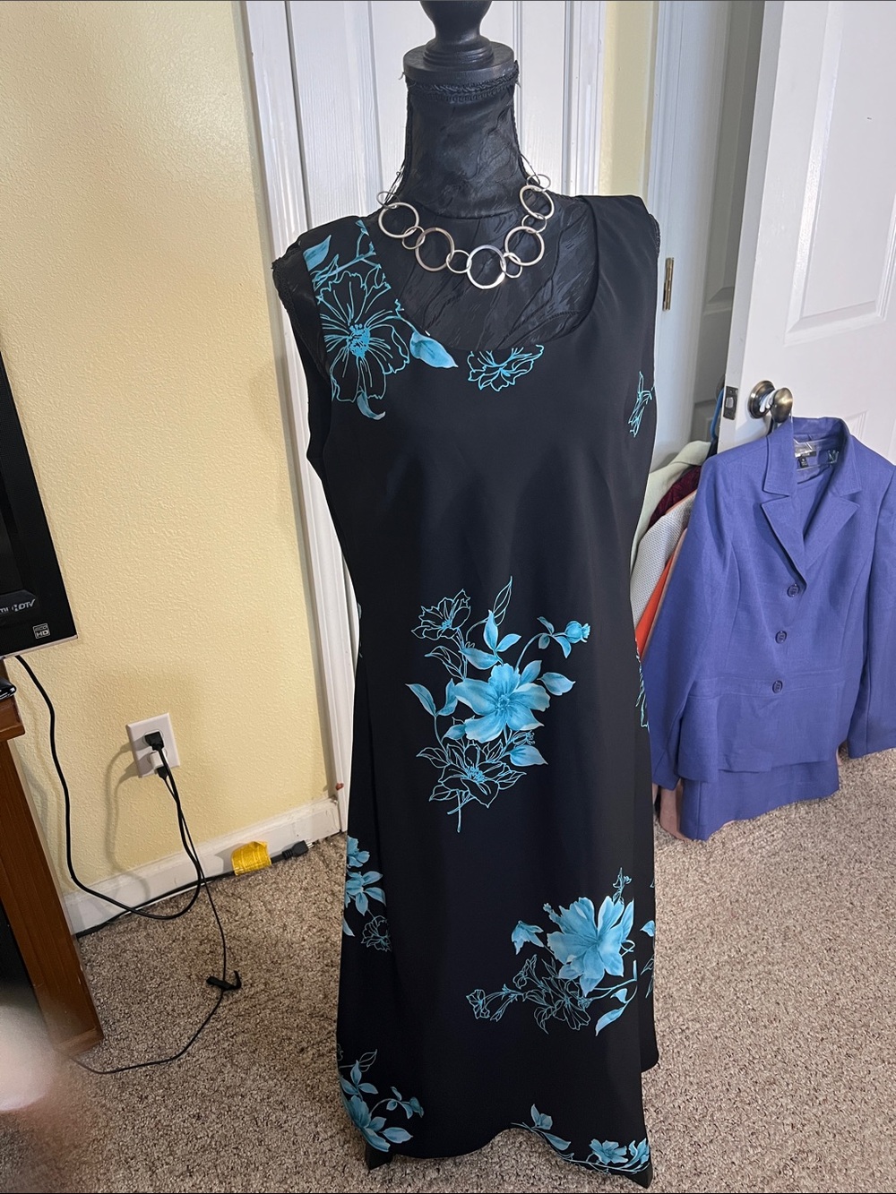 Dress Barn Black Maxi Dress with Teal Floral Print